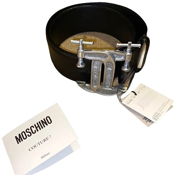 NWT Moschino Black & Silver C Clamp Leather Belt Size 42